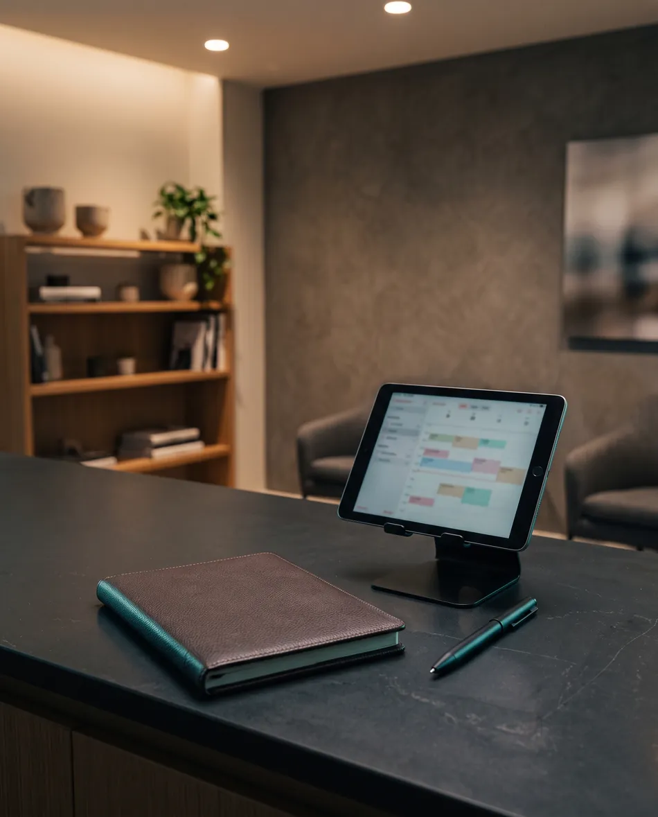 Un mostrador de atención al cliente vacío, con una agenda cerrada y una tablet con el calendario abierto